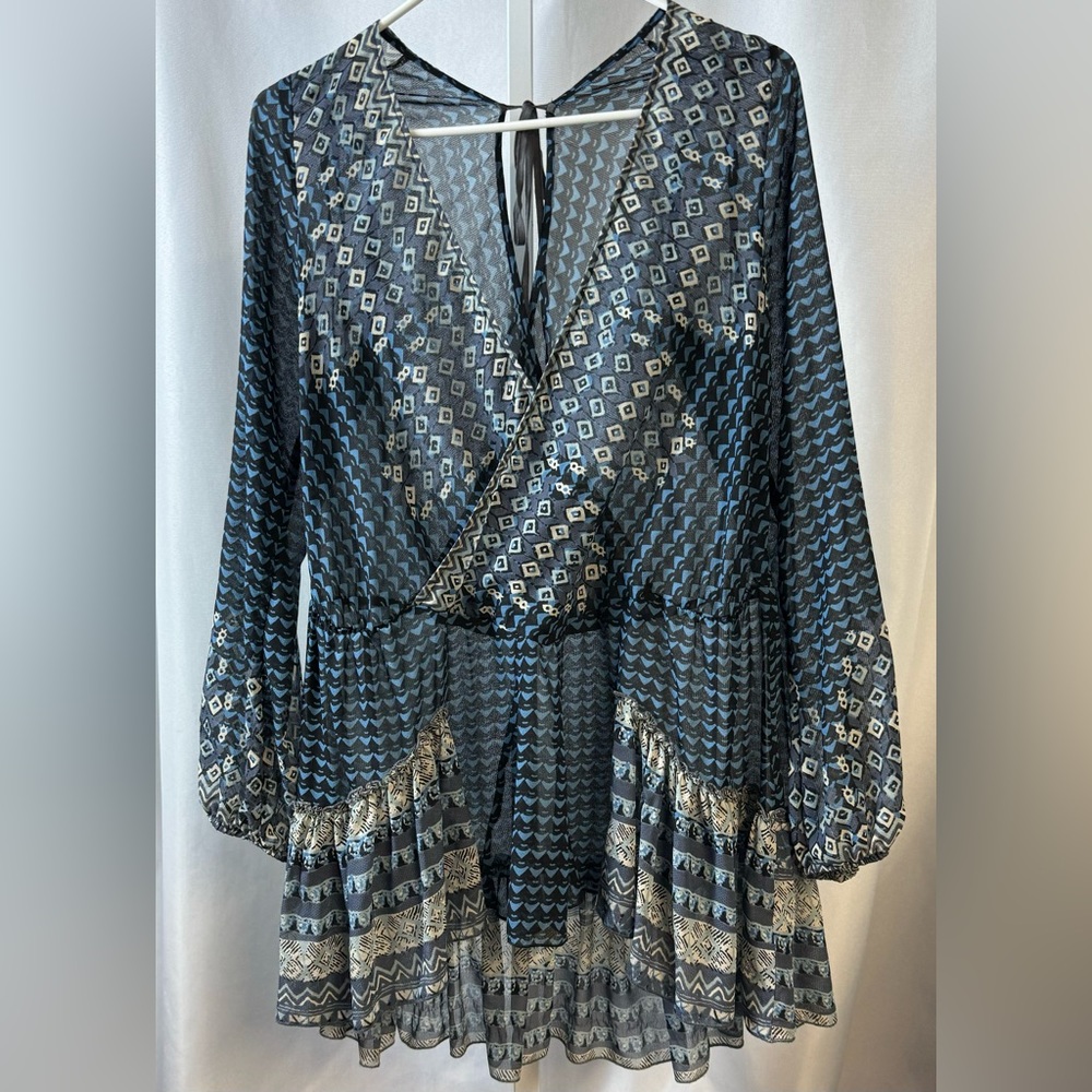 Free People Into The Mystic Sheer Boho Peasant Peplum Ruffle Flowy Tunic Blue L